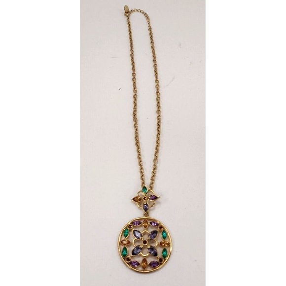 Pendant Necklace Medallion Gold tone with Colored Crystals Marked with "V" - Picture 2 of 3
